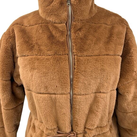 Elie Tahari Brown Faux Fur Shearling Long Sleeve Zip Drawstring Coat Jacket Sz M - Picture 3 of 5